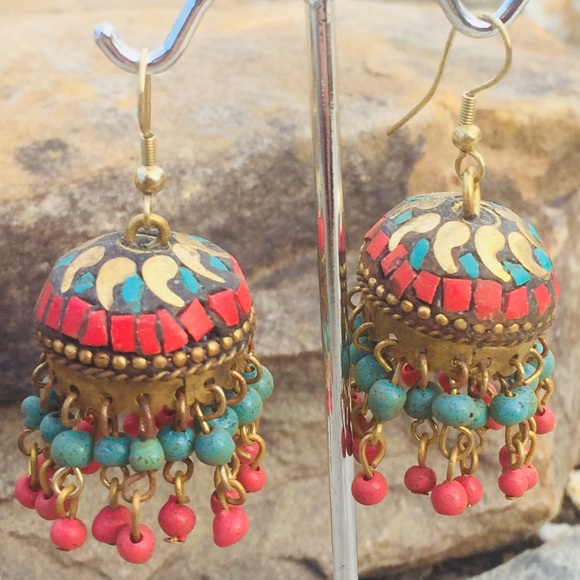 Brass & Stone Lotus Dangle Drop Earrings India - Picture 4 of 8